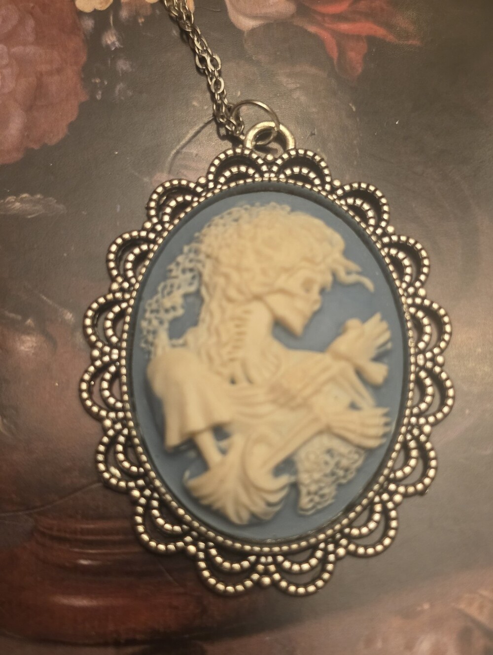 Ivory & Baby Blue Goth Skeleton Lady Pendant On Stainless Steel Chain Necklace